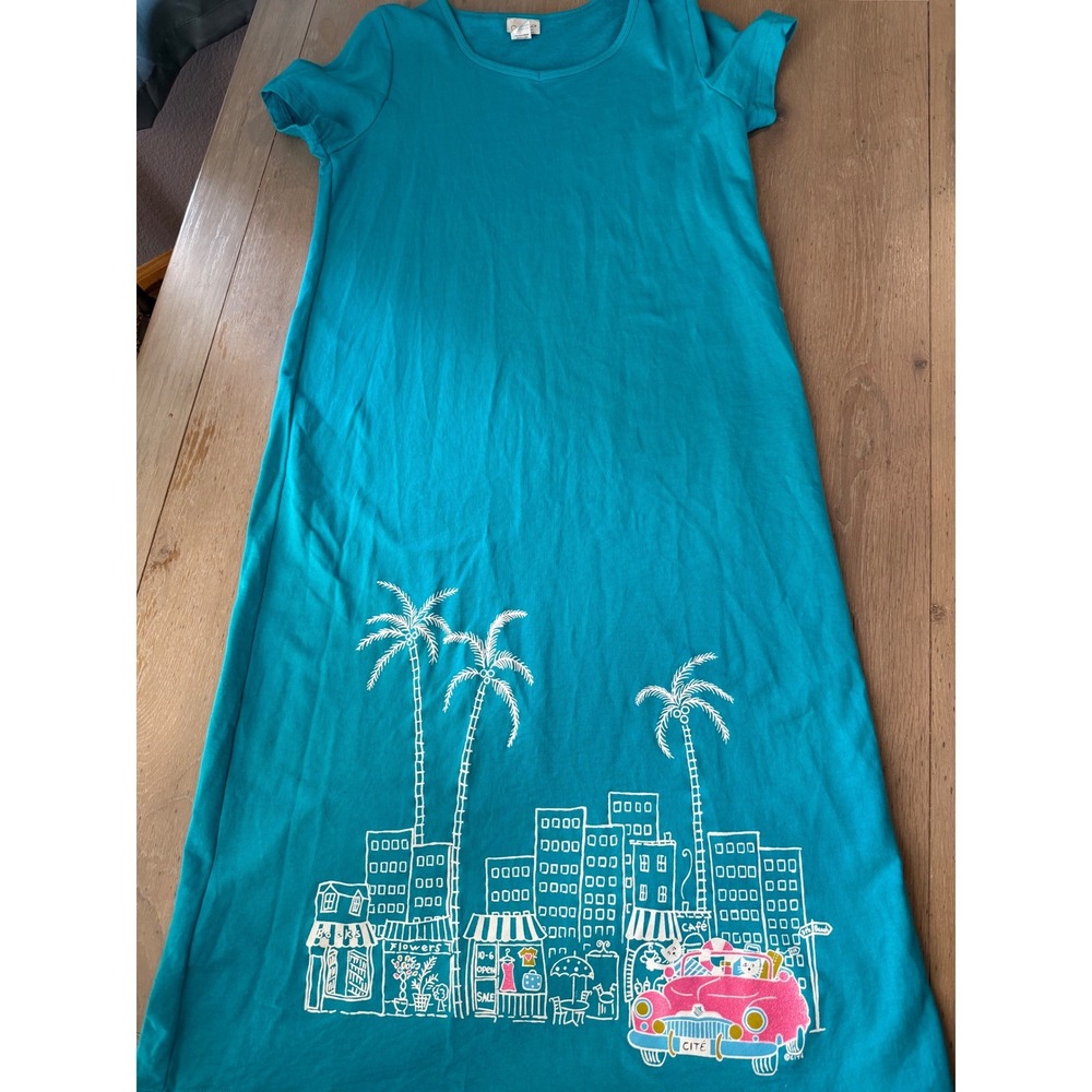 CITE Teal Blue Tropical City Palm Tree Graphic T Shirt maxi Dress Women's Large - Picture 2 of 7